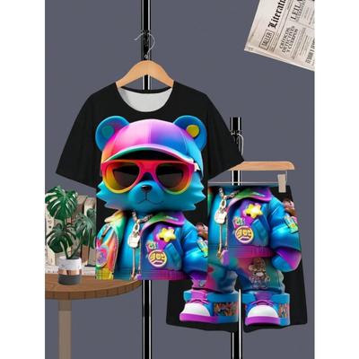 Tween Boy 3D Bear Print Streetwear Style Loose Fit T-Shirt & Shorts Set, Clothing Set