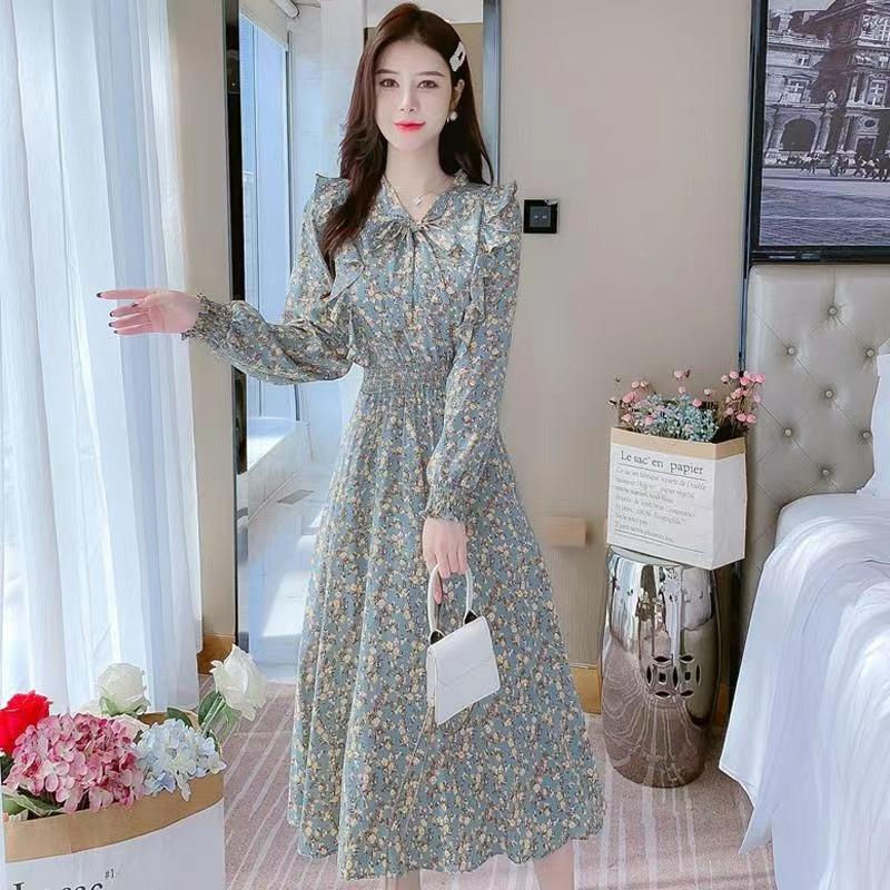 French Ruffled Floral Dress for Women In Spring New Style Waist-hugging Temperament Bow Tie Base Skirt