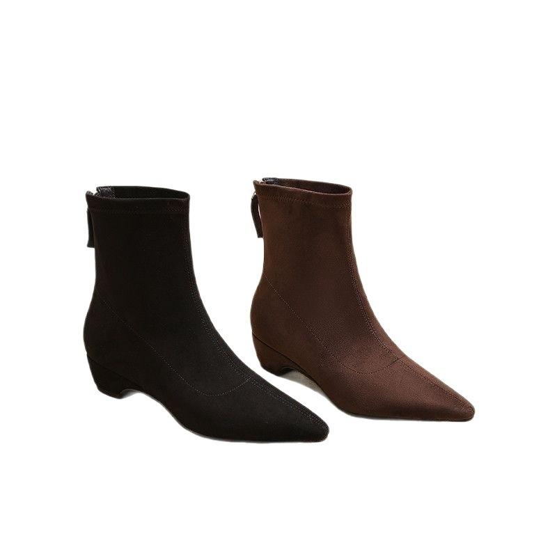 Pointed thick heel elastic short boots women's autumn and winter versatile thin boots suede brown thin not tired middle heel elastic boots