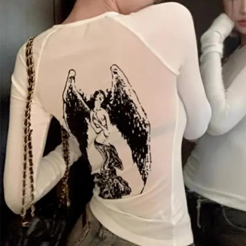 

Футболка Angel Velvet с принтом, нижняя часть, осенний короткий дизайн, новые облегающие повседневные топы, рубашка Spice Girl Y2k с длинными рукавами в уличном стиле S белый