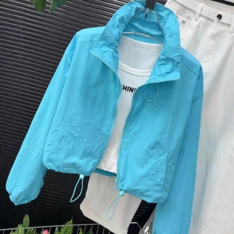 Damen Kurzarm Sonnenschutz Sommer Locker Reise Outdoor Stehkragen Mantel Damen Freizeit Unifarben Reißverschluss Mantel