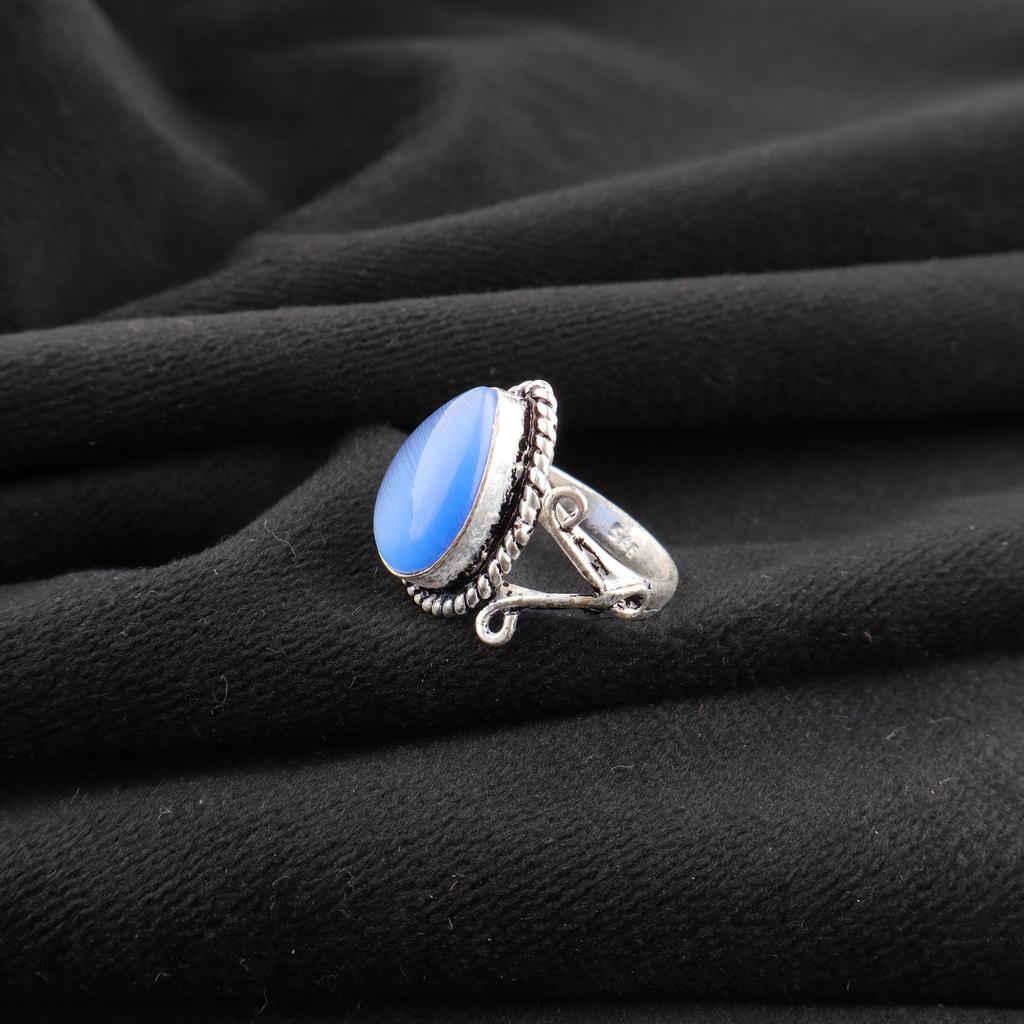 Dark Blue Cat's Eye Gemstone Ring, 925 Solid Sterling Silver Designer Jewelry, Handmade Spiritual Ring Gift For Sister