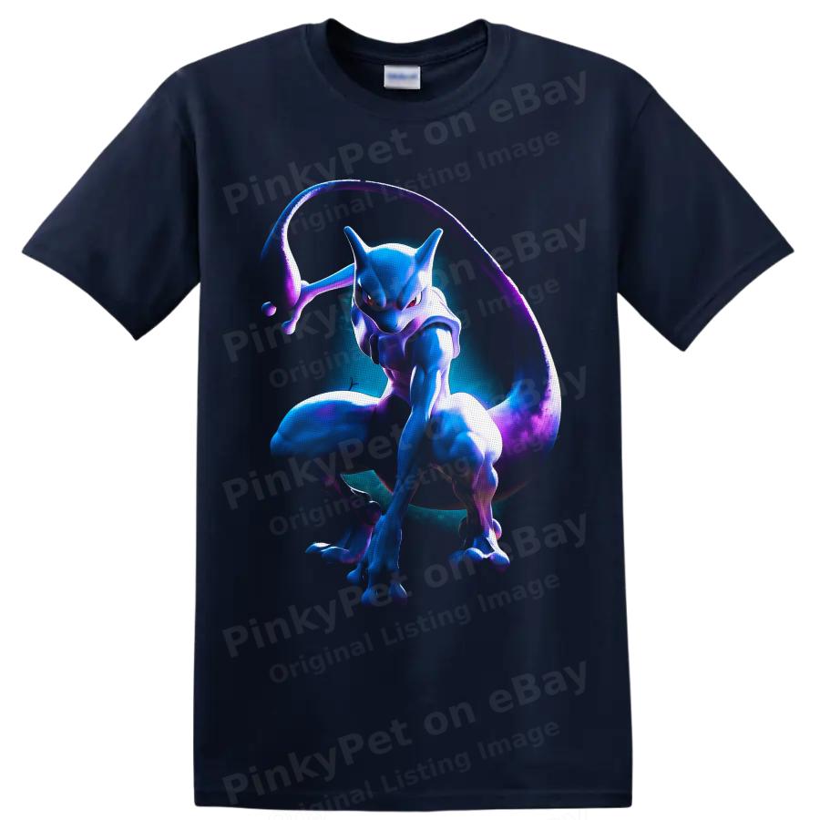 Mewtwo Psychic Creature T Shirt Neon Blue Purple Fantasy Gamer Graphic Art Tee