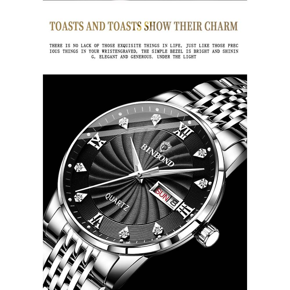 BINBOND Quartz Watches for Men Luxury Luminous Waterproof Precise Auto Date Week Display Men's Watch Casual Sturdy Reloj