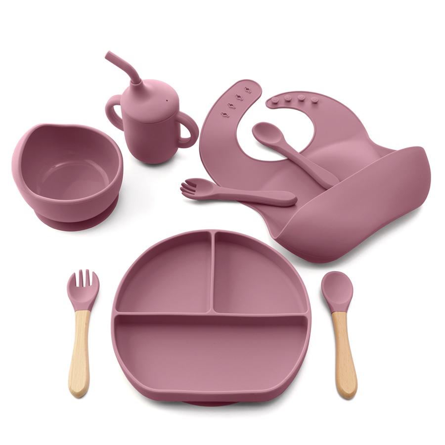 8/Pcs/Set Baby Food Feeding Tableware Sucker Bowl+Spoon+Fork Eating Dinnerware For Children Dishes Baby Bib Cup Baby Stuff
