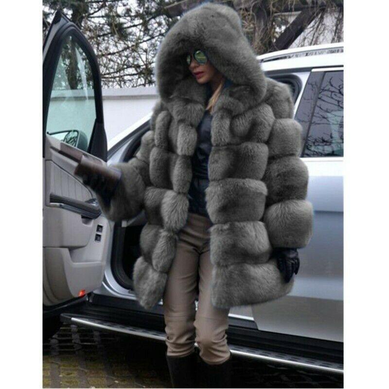 Winter Womens Faux Fur Coats Cozy Jacket Hooded Thicken Coat Overcoat Outwear
