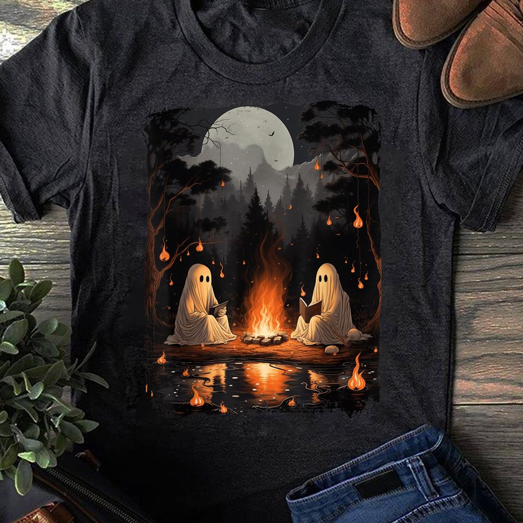Ghost Book Reading T-Shirt: Funny Halloween Camping Shirt