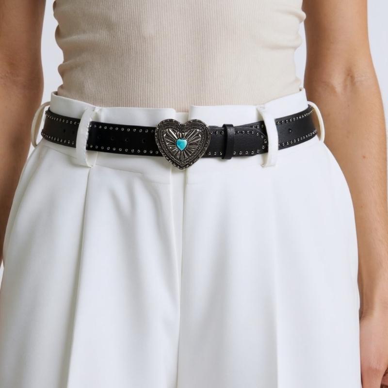 Studded Punk Style Belt Adjustable PU Leather with Charm Heart Buckles for Men Women Fashion Accessories