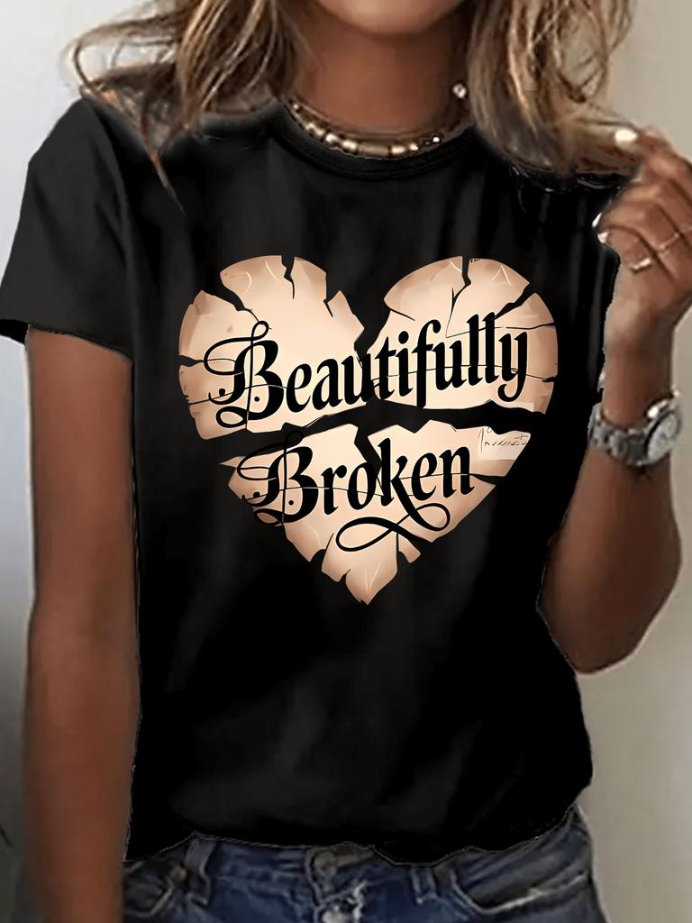 Cartoon Heart Graphic Printed Round Neck ShortSleeve TShirt Casual Top for Women Suitable for Summer Fashion Clothing Cotton