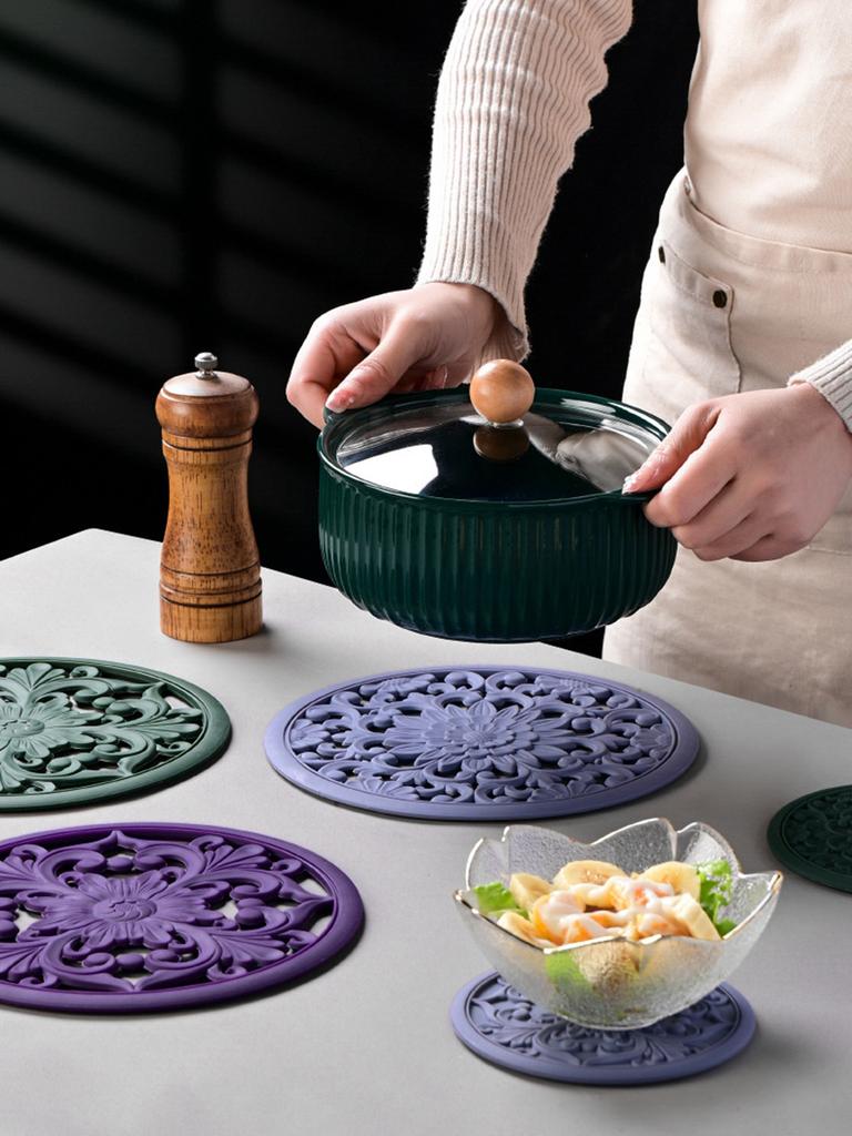 3pcs/Set Silicone Tableware Mat Reusable Vintage Hollow Carving Silicone Pad Heat-insulated Bowl Cup Pot Placemat Table Decor