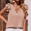 Bluză fără mâneci de vară pentru femei, cu decolteu în V, cu volane, ocazională, elegantă, de epocă, solidă, pentru femei, bluze și topuri 24664
