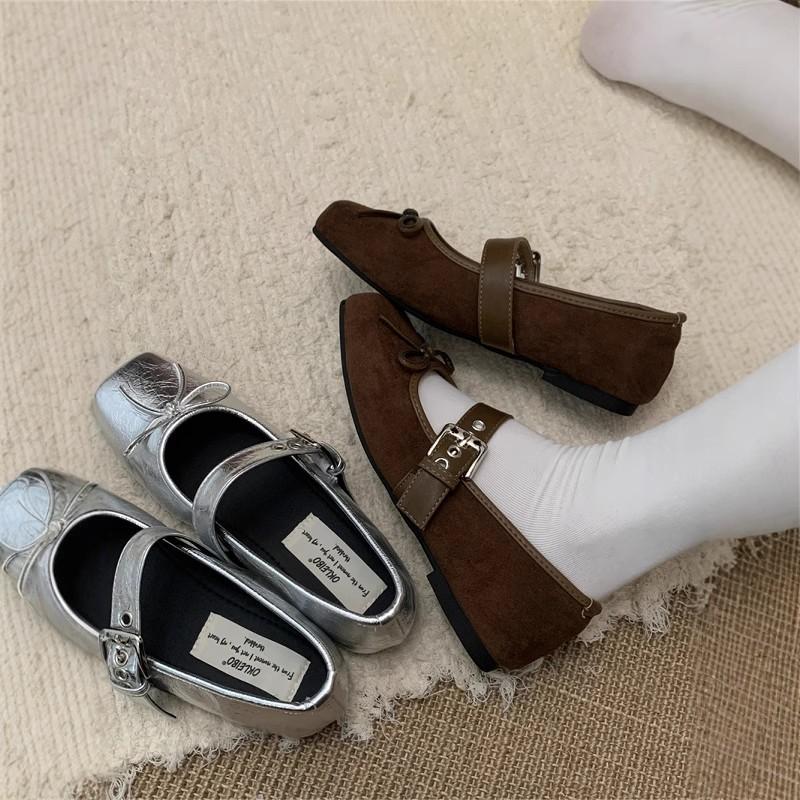 Eckige Spitze Leopardenmuster flache Französische Mary Jane Einzel Schuhe Damenschuhe 2025 neu Herbst silber Ballett Abendschuhe