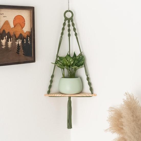 Wall Hanging Corner Shelf Bohemia Handmade Cotton Rope 1/2 Tier Triangle Storage Shelf Farmhouse Rustic Wood Potted Plants Planter Craft Display Rack