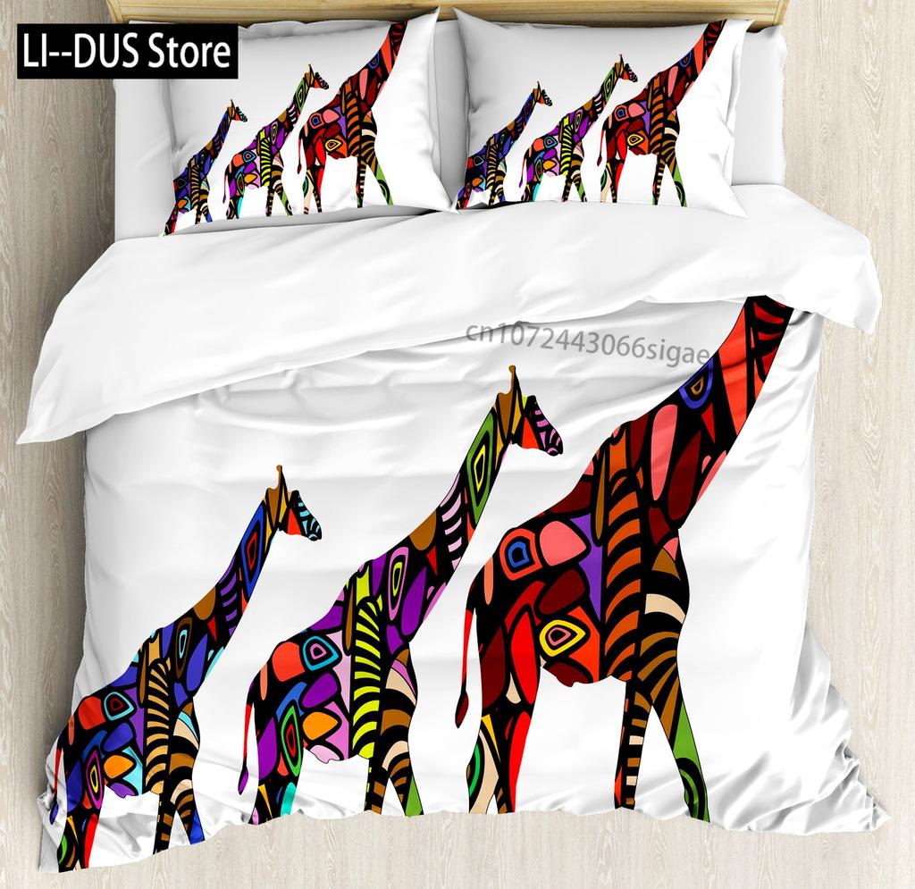 Cute Giraffe Bedding Set Full Size 3pcs with 1 Duvet Cover 2 Pillowcases Animal Bedding Set for Kids Boys Girls Room Decoration