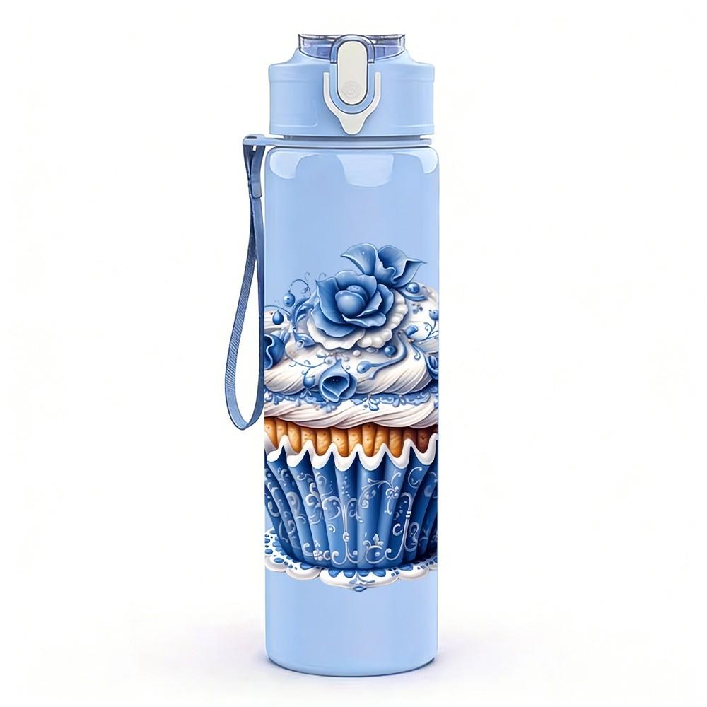 1PC Blue Frosted Cupcake 750ml Color Plastic Sports Water Bottle Leakproof Flip Straw Lid Suitable for Sports Office Home Use