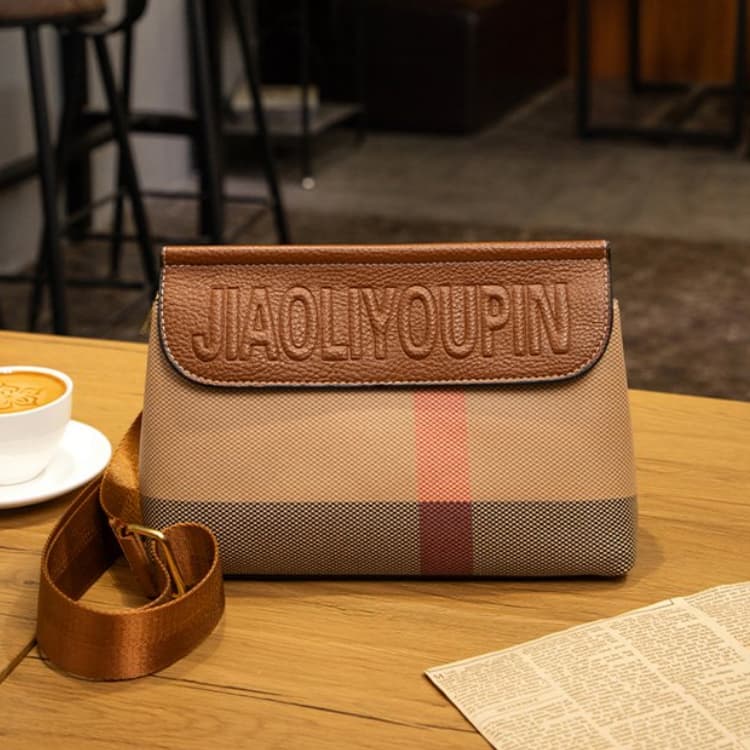 Vintage Plaid Letter Embossed Wide Shoulder Crossbody Women s Bag коричневый