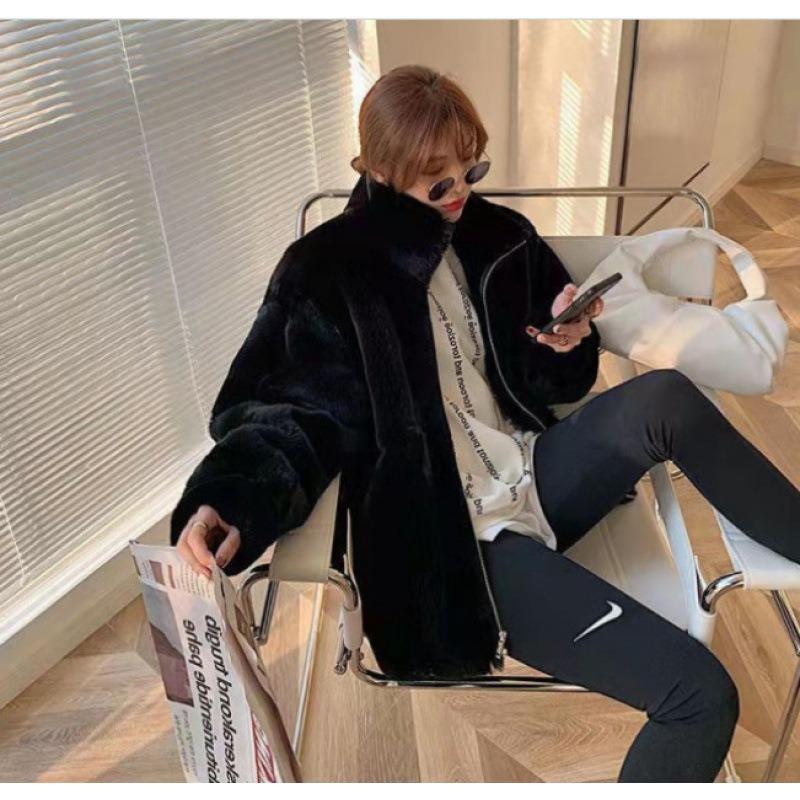 Autumn and winter new imitation leather hooded lamb furry coat women's loose imitation Rex rabbit hair stand-up collar light
