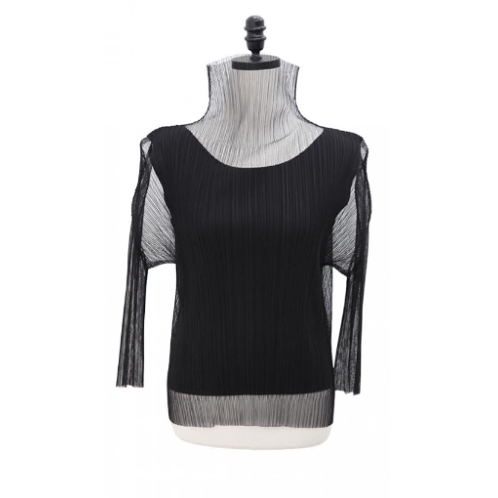 Shiz Madam Sheer Pleats High Neck 3 4 Sleeve Blouse T57504