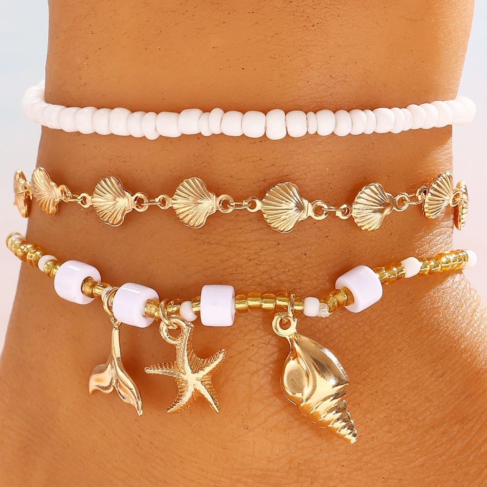 3pcs Set Creative Retro Starfish Conch Imitation Pearl Shell Beaded Stackable Anklets for Women Bohemian Vacation Jewelry Gifts
