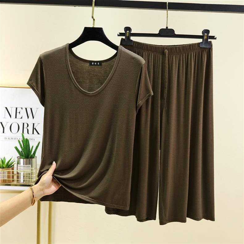 Women's Casual Two-Piece Set: Modal U-Neck T-Shirt & High-Waisted Tie-Waist Wide-Leg Pants