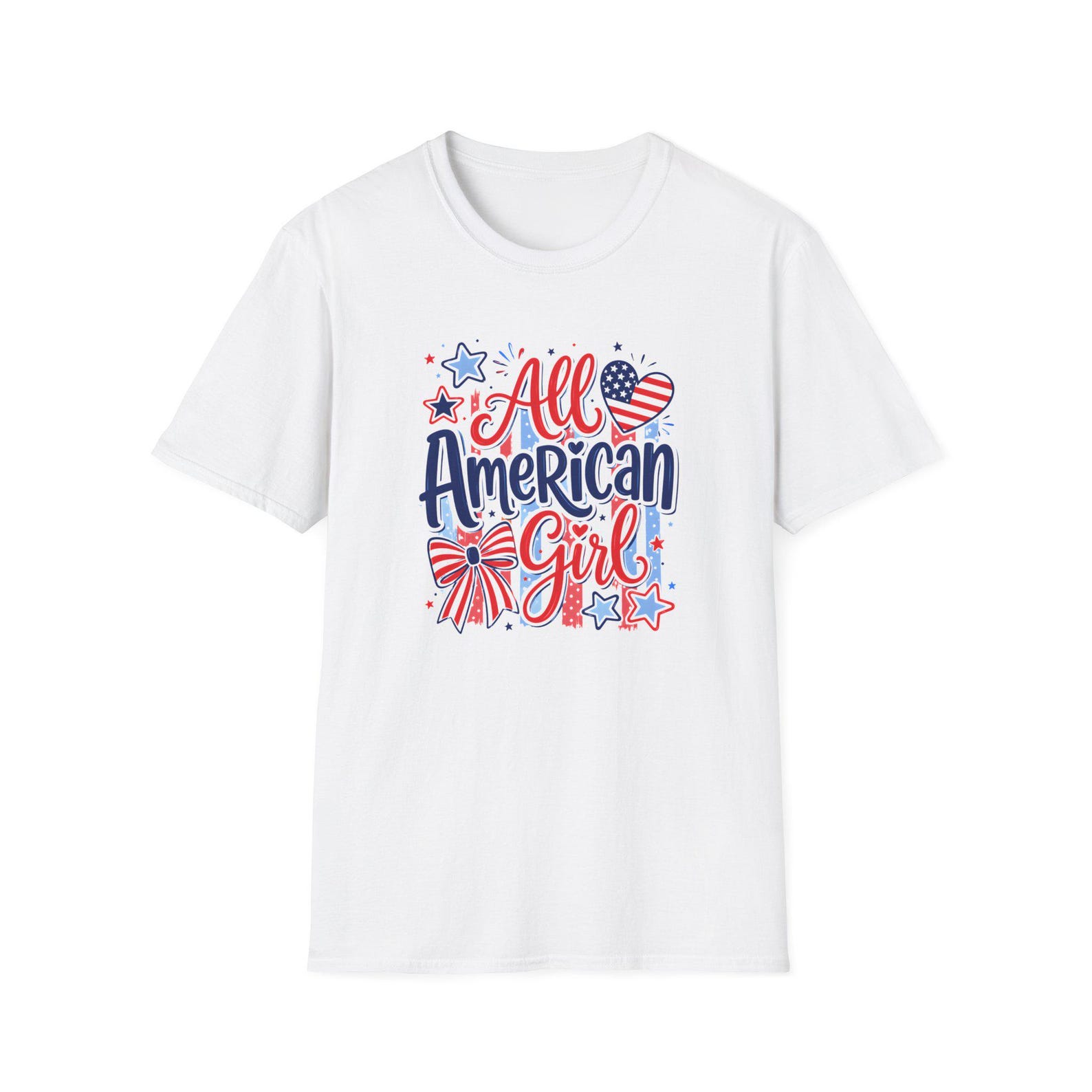 All American Girl T-Shirt | Patriotic Stars & Heart Fourth of July M