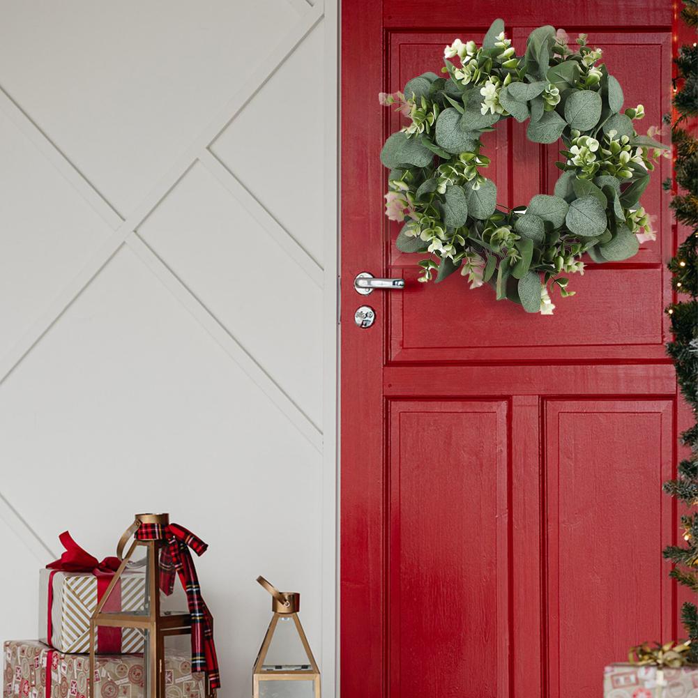 Creating Festive Atmosphere 33cm Artificial Wreath Lifelike Flowers Green Eucalyptus Wreath Leaves Wreath for Front Door Wall