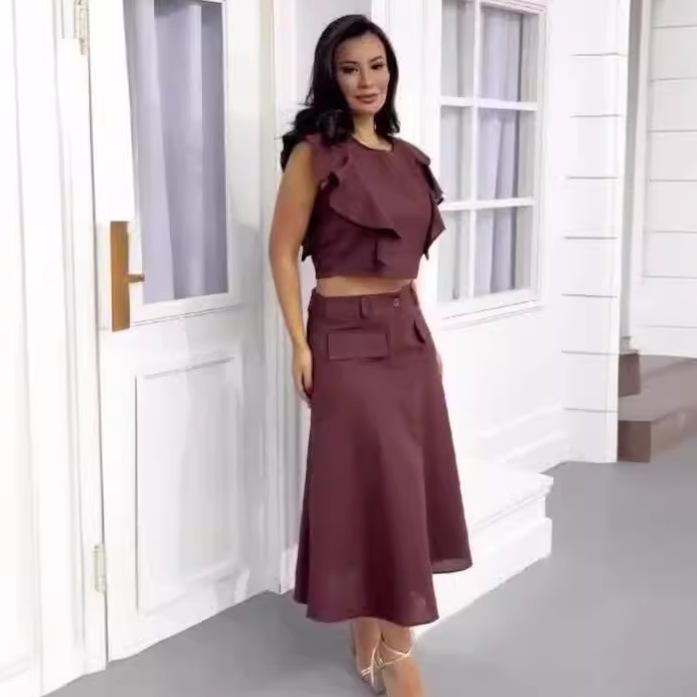 2024 European & American Summer Ruffle Sleeve Crop Top and High Waist Midi Skirt Set