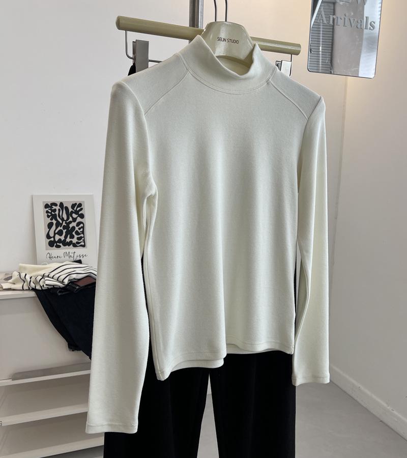 Korean-Style Double-Sided Oreo Fleece Half-Turtleneck Warm Base Layer Top for Women - Long-Sleeve Winter T-Shirt