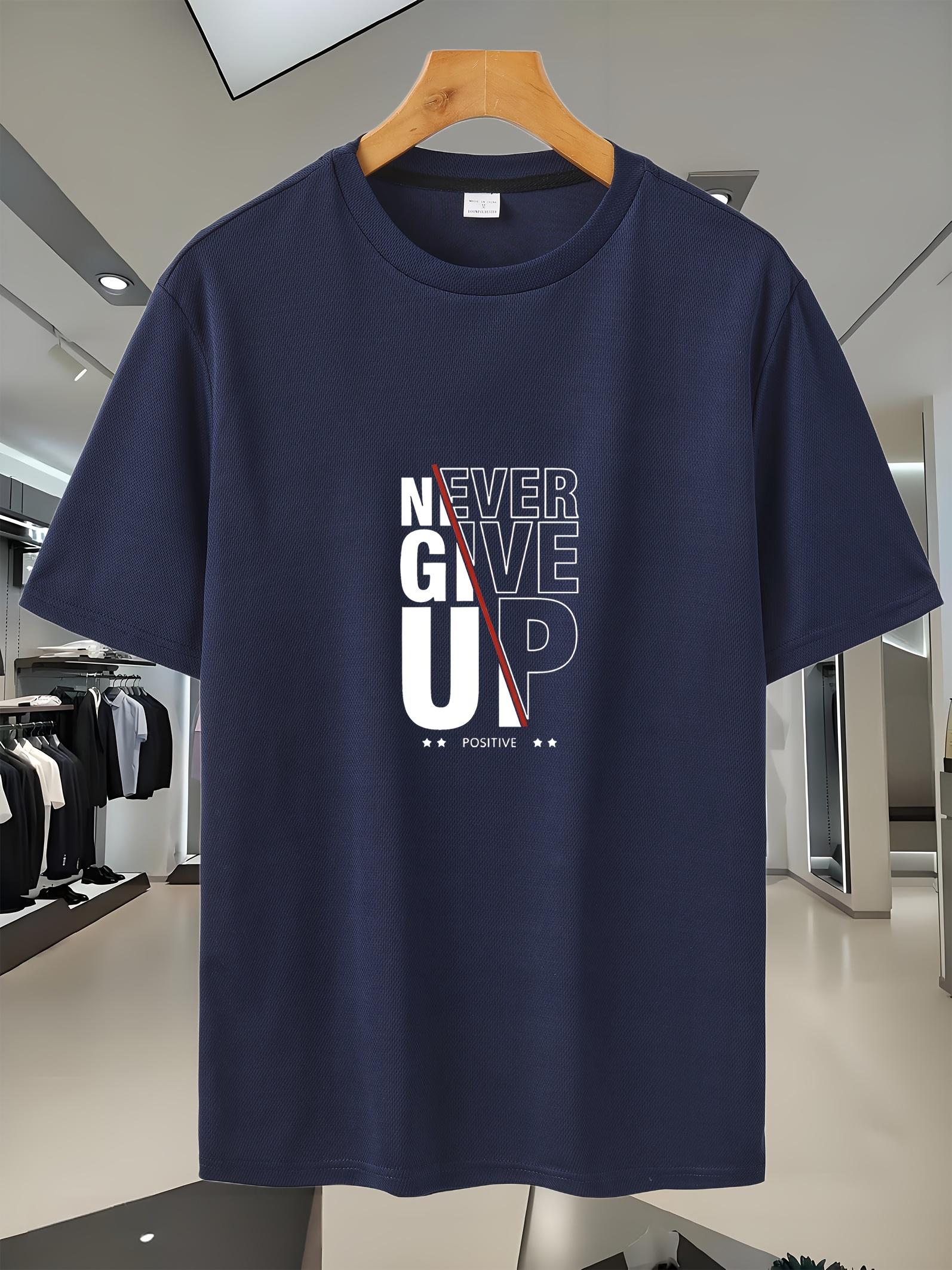 Navy Blue Never Give Up Graphic T-shirt - Casual XXL