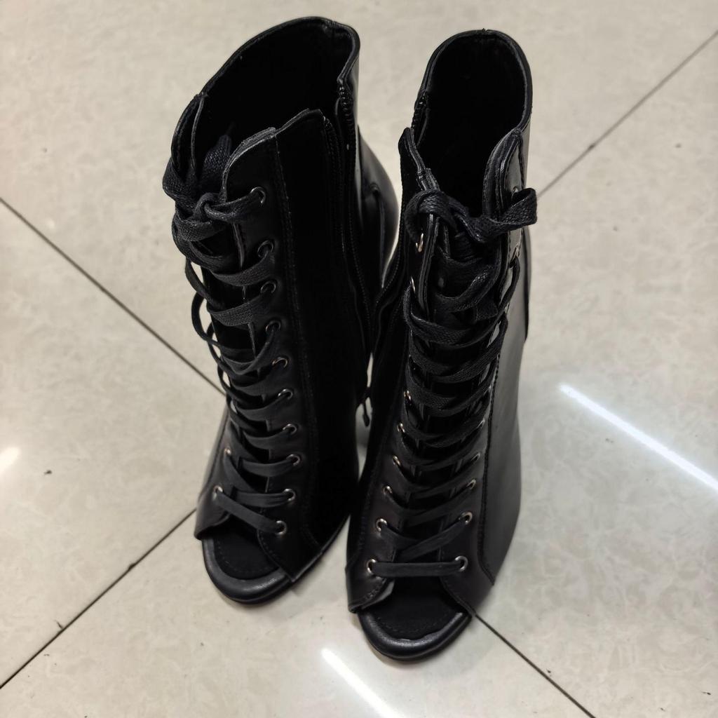 Women's Black Lace-up Ankle High Heels Jazz Dance Shoes with Soft Sole