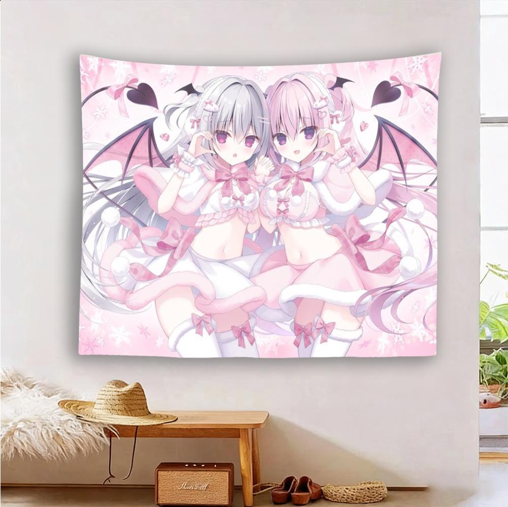 Anime Succubus Girls Tapestry Pink Kawaii Wall Hanging Cute Demon Waifu Room Decor Aesthetic Dorm Banner Flat Print