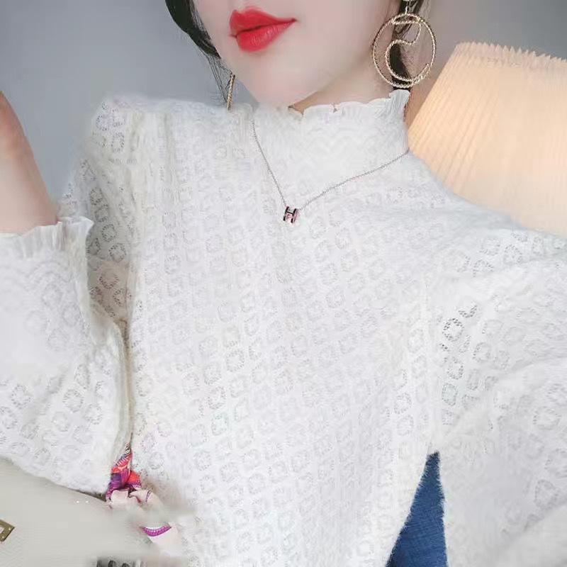 

2228 Plus бархатный кружевной топ: Осенне-зимняя модная рубашка с длинным рукавом и полуворотом XXXL [Recommended 141-159 lbs]