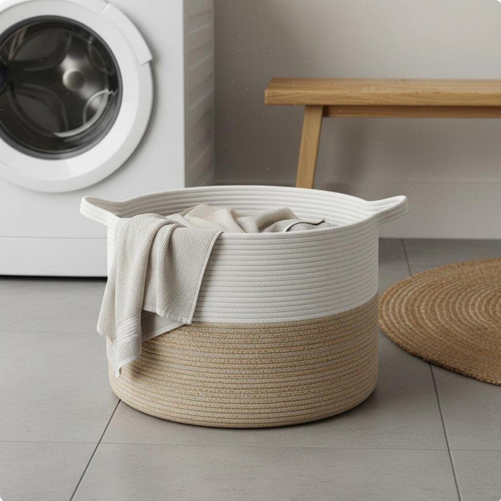 Cesta de Cuerda para Ropa de Gran Capacidad Cesta de Lavandería Tejida con Asas Cesta de Almacenamiento de Cuerda