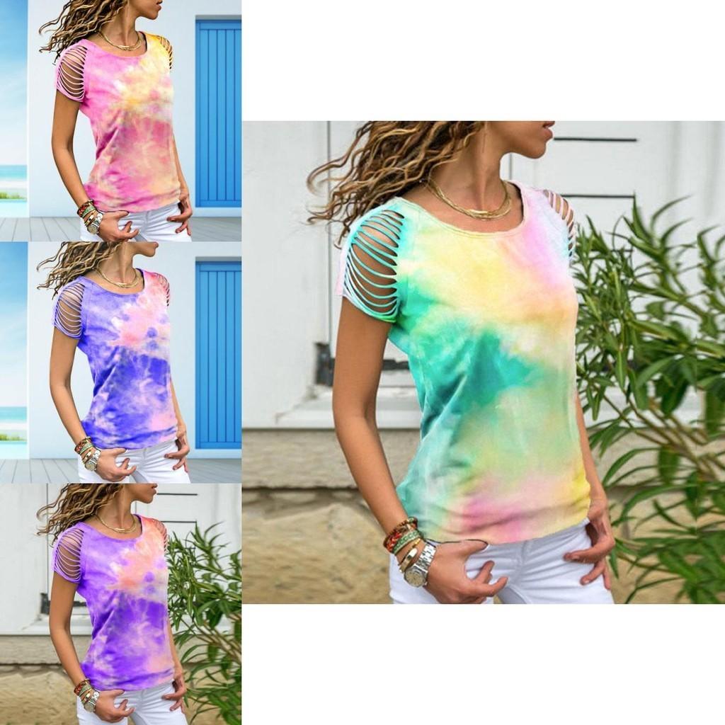 Womens Vibrant Tie-dye Printed Tops Casual Short Sleeve Blouse Perfect For Summer