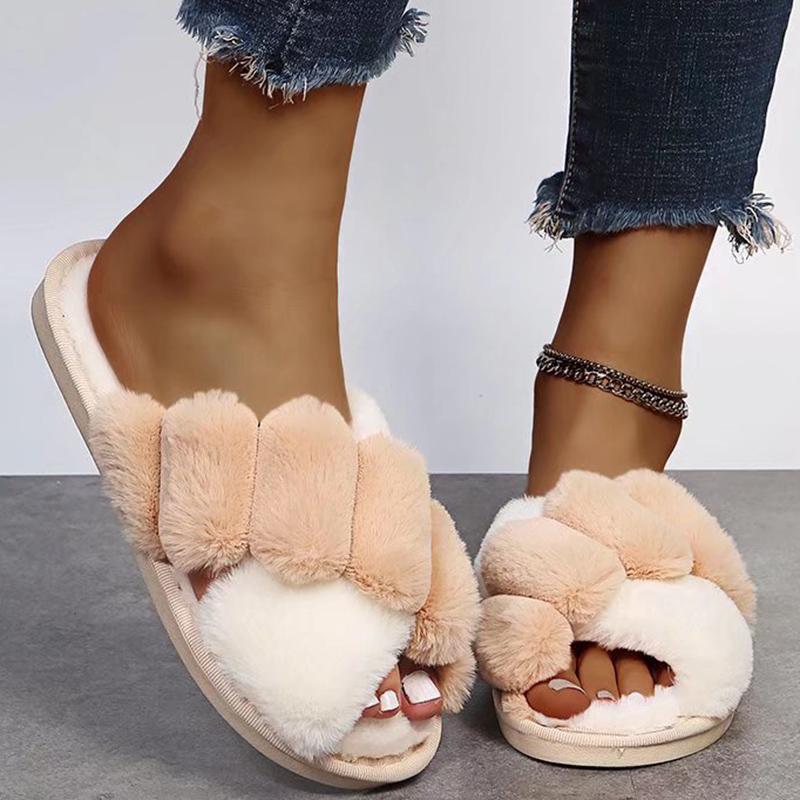 Fashion Contrast Color Cross Strap Plush Slippers for Women Winter Fashion Fluffy House Slippers Woman Cozy Warm Faux Rabbit Fur Slides