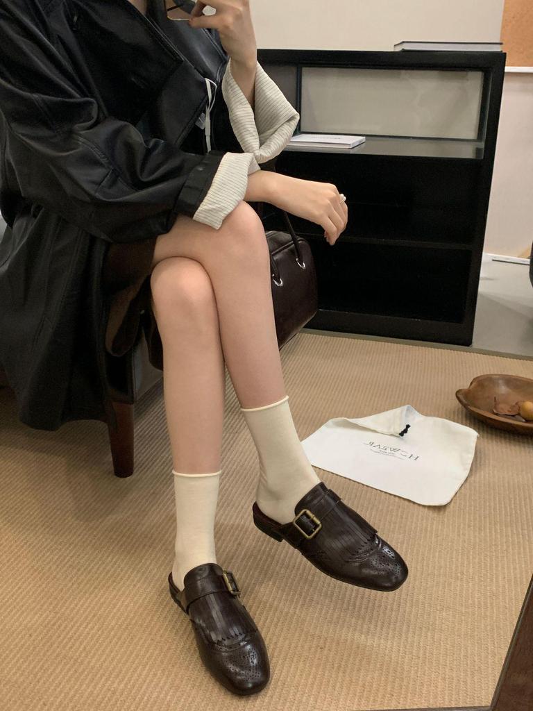 Genuine Leather Carved Tassel Mules - Women's Low Heel, Pointed Toe Slip-On Sandals