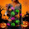 Women's Halloween Print V-Neck Long Sleeve Bell Sleeve Pleated Button Blouse