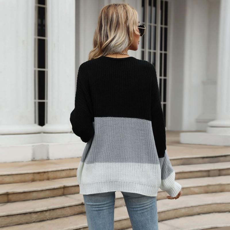 Vintage Fashion Elegant Casual Autumn and Winter Thin Section Loose Color Blocking Round Neck Pullover Knit Sweater Women