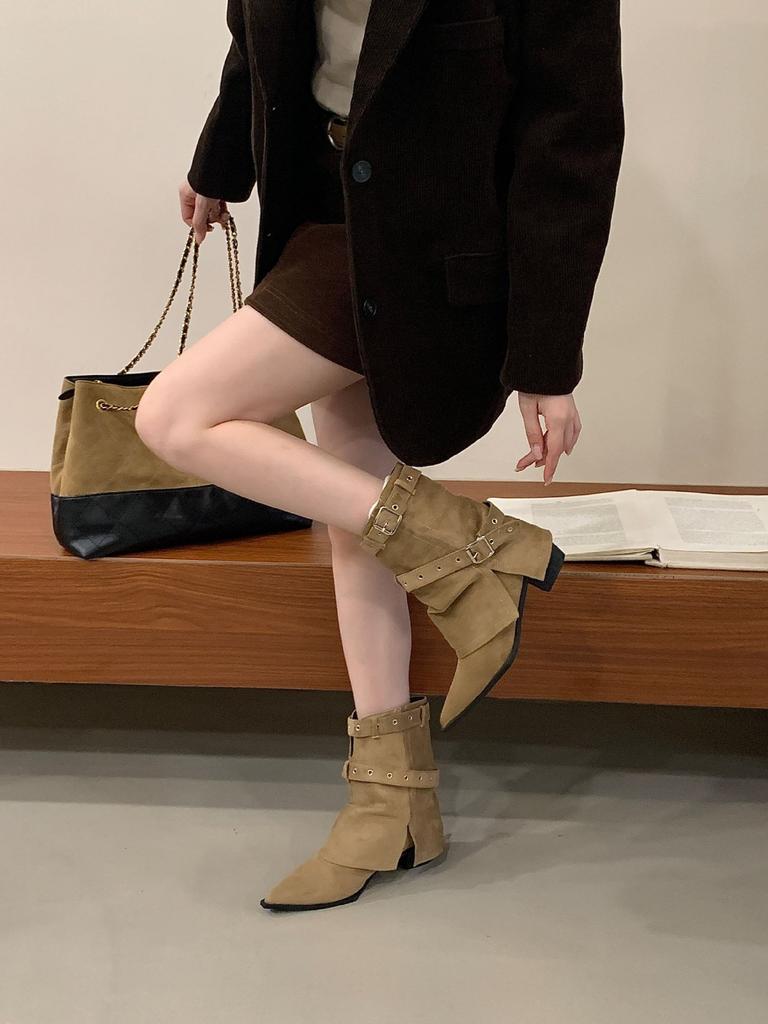 Retro Thick Heel Medium Boots Women's 2025 New Autumn Versatile Pointed Western Cowboy Boots Belt Buckle Trouser Boots