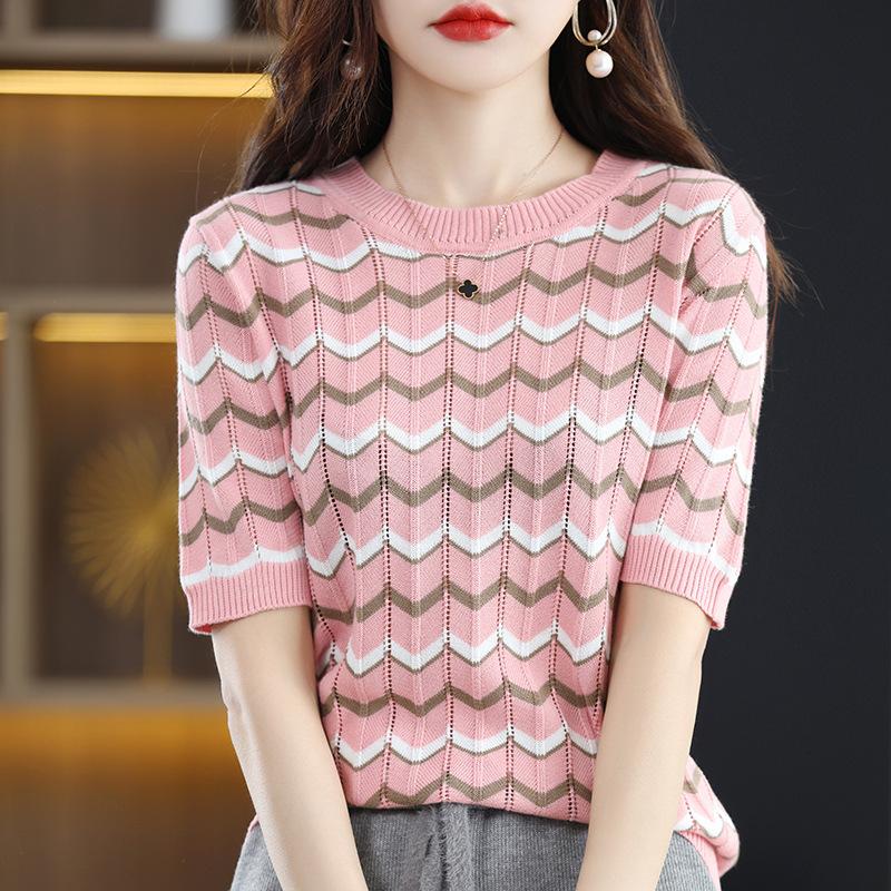 

Женская вязаная футболка с коротким рукавом из чистого хлопка, пуловер с круглым вырезом, свободный повседневный базовый топ, ажурный, с полурукавами, тонкий M красный