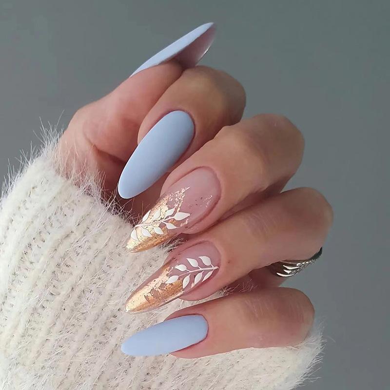 Wear armor gold foil white leaves custom manicure, wear armor blue matte nail piece press on nails