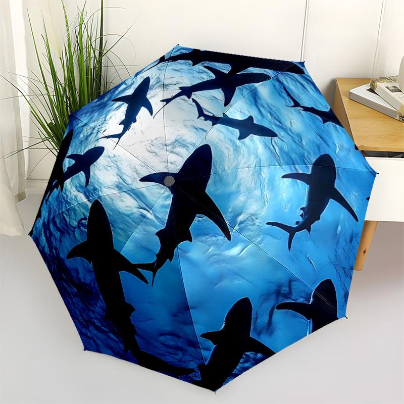 1pc Shark Swarm Automatic Umbrella - 8-Rib Portable Folding Black Iron Frame for Outdoor, Beach, Travel, Beach Umbrella,107