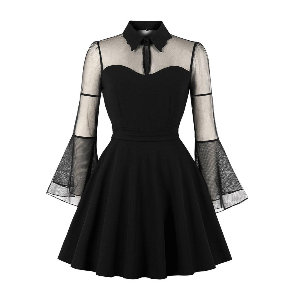 Women  Color Long Sleeve Retro Dress Gothic Flare Sleeve Stitching Dress