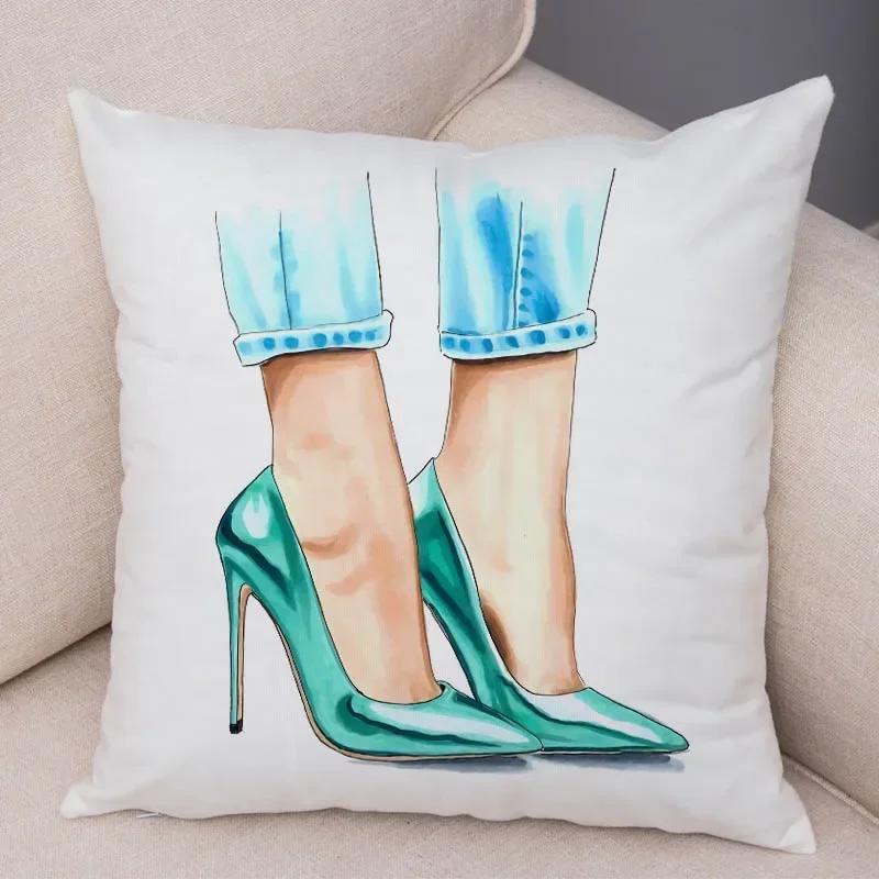 Lady High Heel Shoes Print Cushion Cover for Car Sofa Home Super Soft Short Plush Pillow Case Decor Cartoon Pillowcase 45*45 Cm