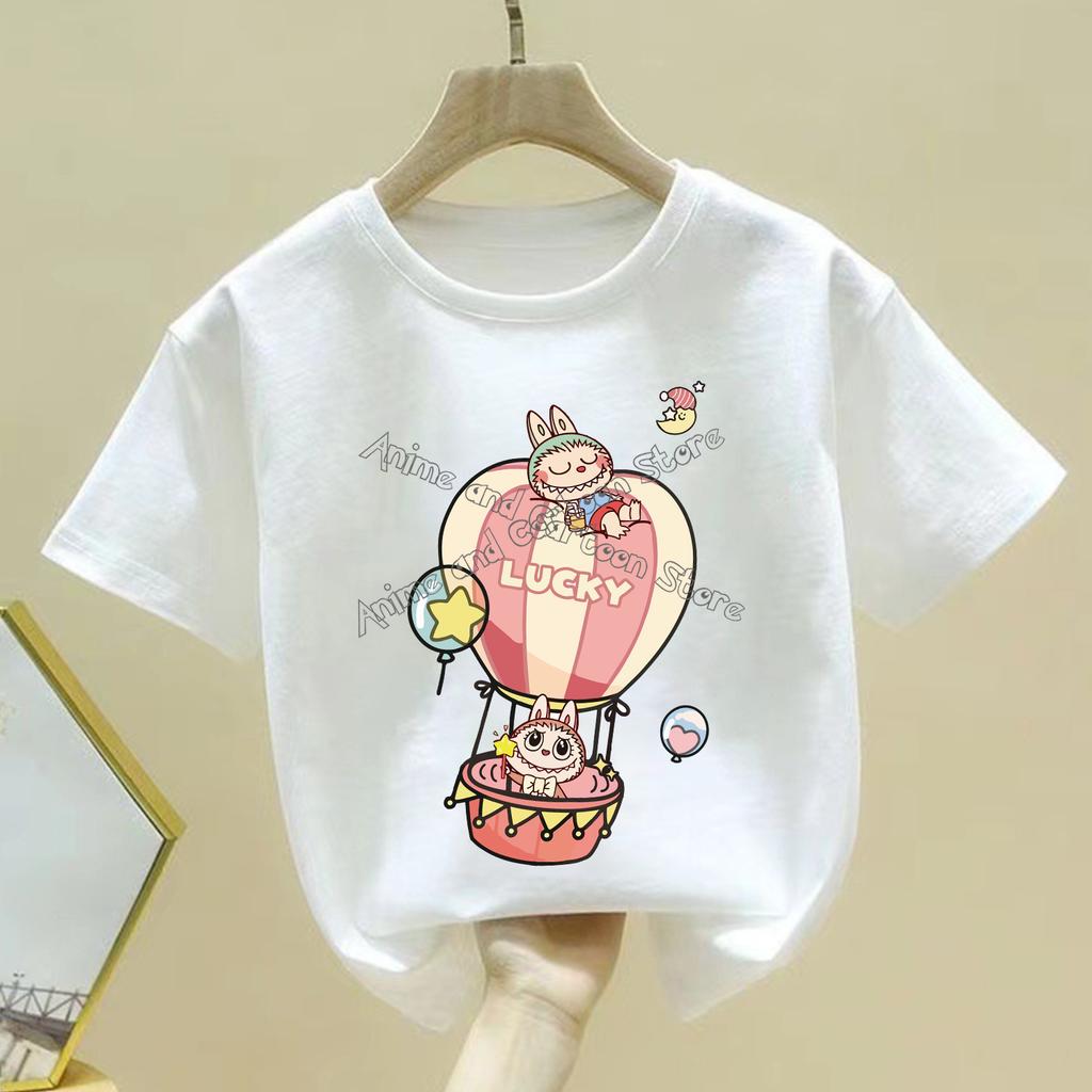 Fashion Labubu White Children's T-shirt Cute Cartoon Girl Round Neck Short Sleeved Clothes New Comfortable Loose Children's Top