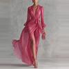 2026 European and American New V-neck Solid Color Design Sense Waist High Split Elegant Chiffon Long-sleeved Dress Women