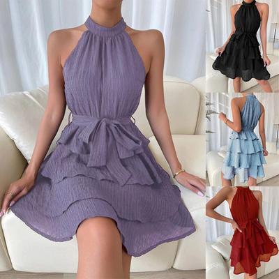 New Summer European and American Women's Wear Spliced Sleeveless Ruffle Edge Hanging Neck Round Neck Dress S-XL