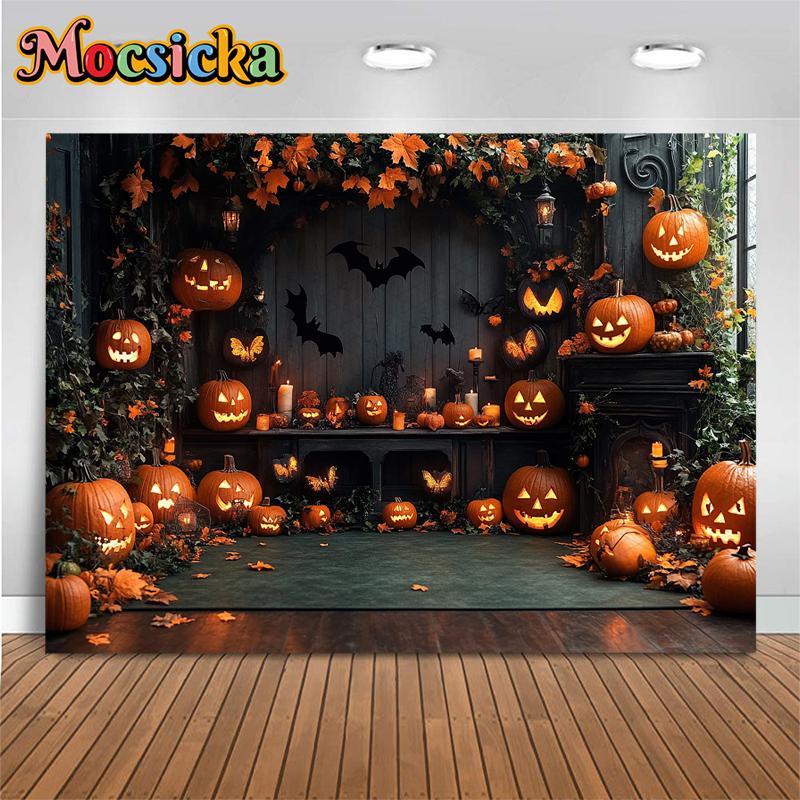 Mocsicka Halloween Backgrounds For Photography Terrible Pumpkin Party Backdrop Bat Flower Jack-O-Lantern Home Decorations Banner