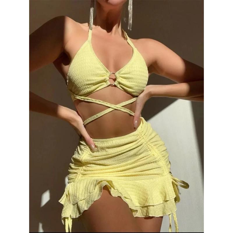 Bikini Sexy Galben Femei Solid Halter Inel Legat Criss Cross Acoperire Costum de Baie 3 Piese 2025 Costum de Baie Volane Fustă Costum de Baie