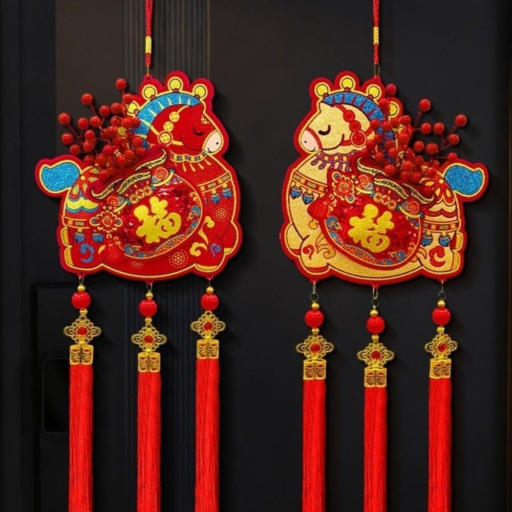 Flocking Chinese Lucky Character Pendants Traditional Handmade Red Horse Hanging Ornament with Tassels Good Fortune